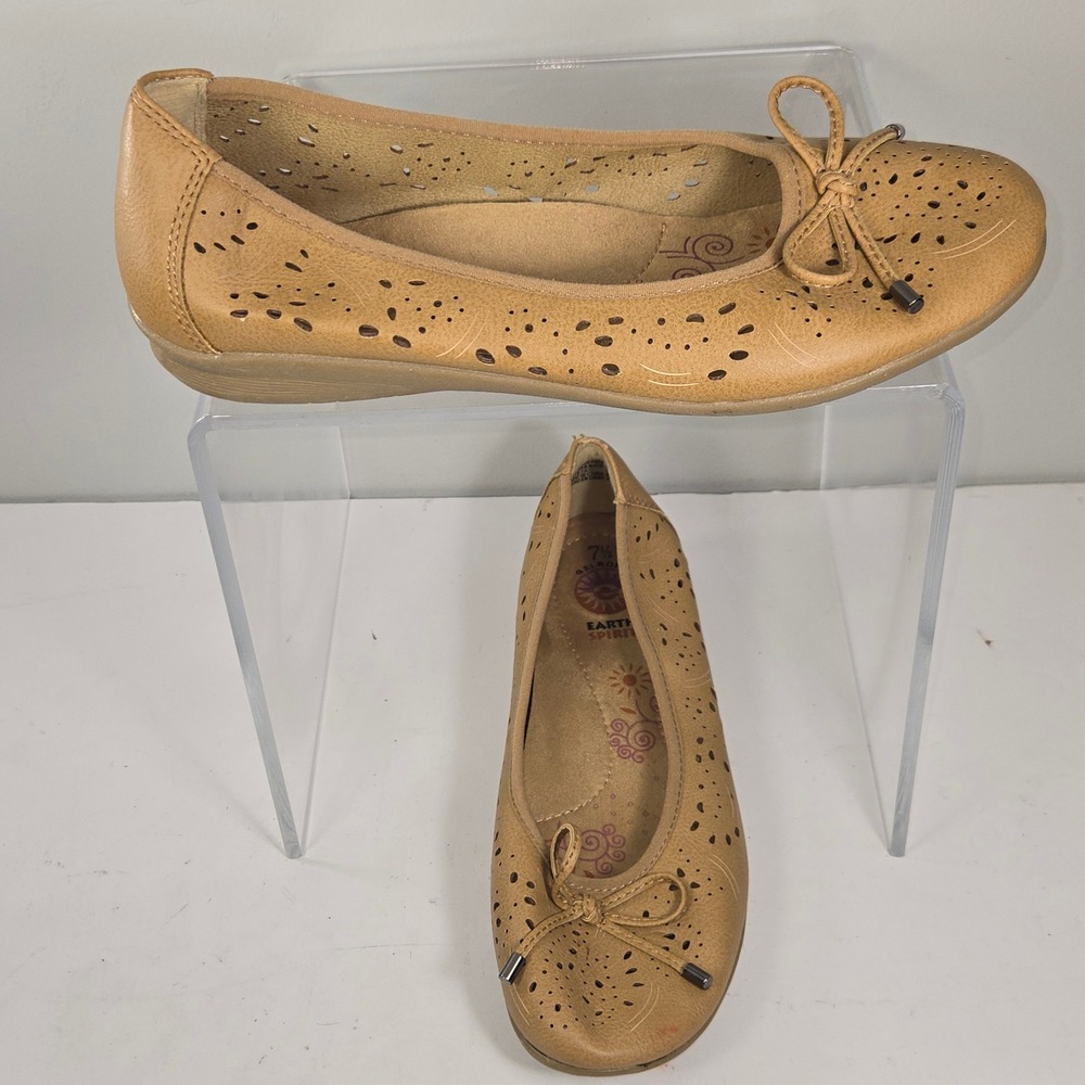 Earth Spirit Gelron Tan Laser Cut Ballet Flats Womens 7.5 WMES28ER054 Bow Detail